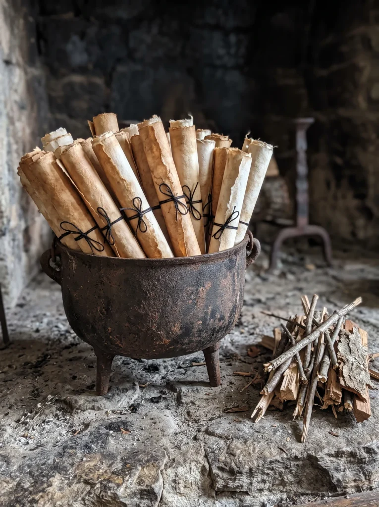 Aged Cast-Iron Cauldron with Rolled Paper Spells