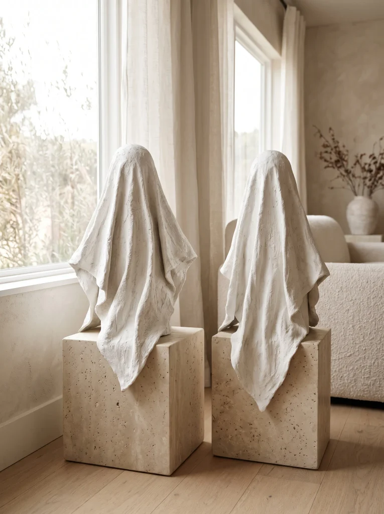 Aged Paper-Mache Ghost Sculptures on Natural Travertine Pedestals
