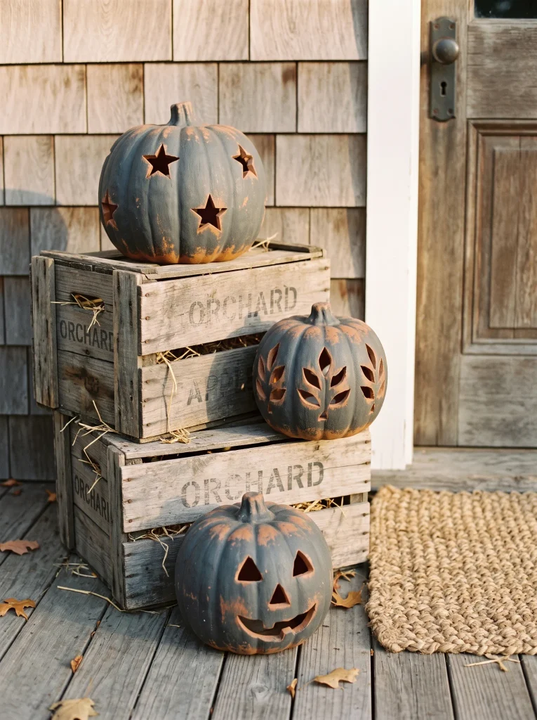 Aged Terracotta Jack-o-Lanterns on Stacked Vintage Crates