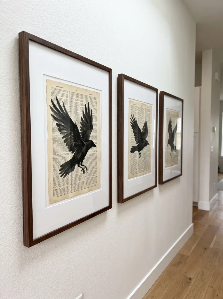 Antique Book Page Crow Silhouettes