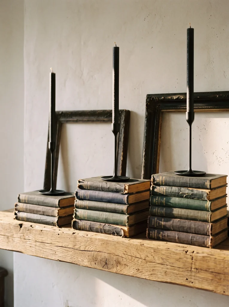 Antique Book Spine Riser Display with Blackened Candlesticks