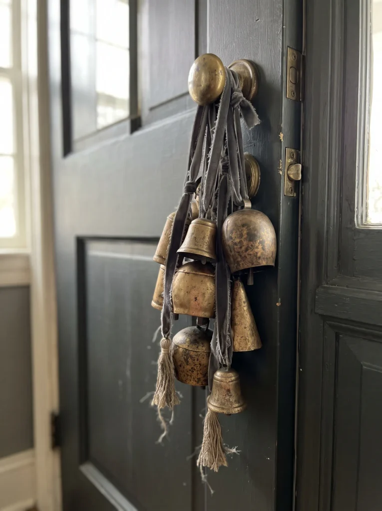 Antique Brass Bell Chime Cluster with Charcoal Velvet Ties