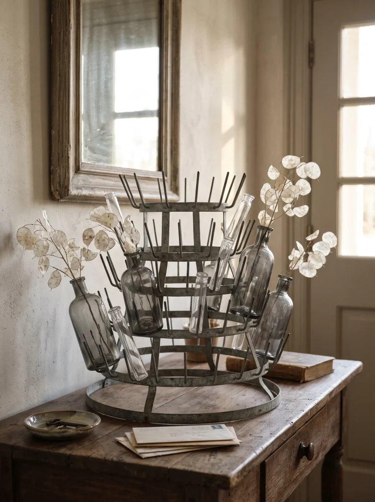 Antique French Bottle Drying Rack with Hand-Blown Smoke Glass