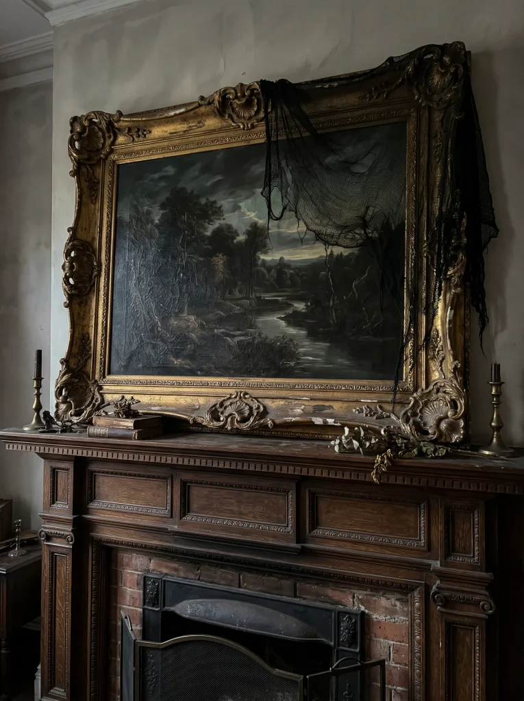 Antique Gilt-Framed Oil Portrait Shrouded in Black Crepe Gauze