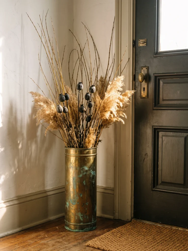 Antique Umbrella Stand Filled with Dried Poppy Pods and Willow Branches