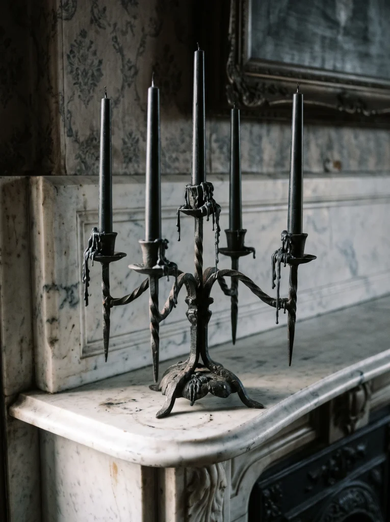 Antiqued Iron Candelabra with Dripping Charcoal Wax Columns