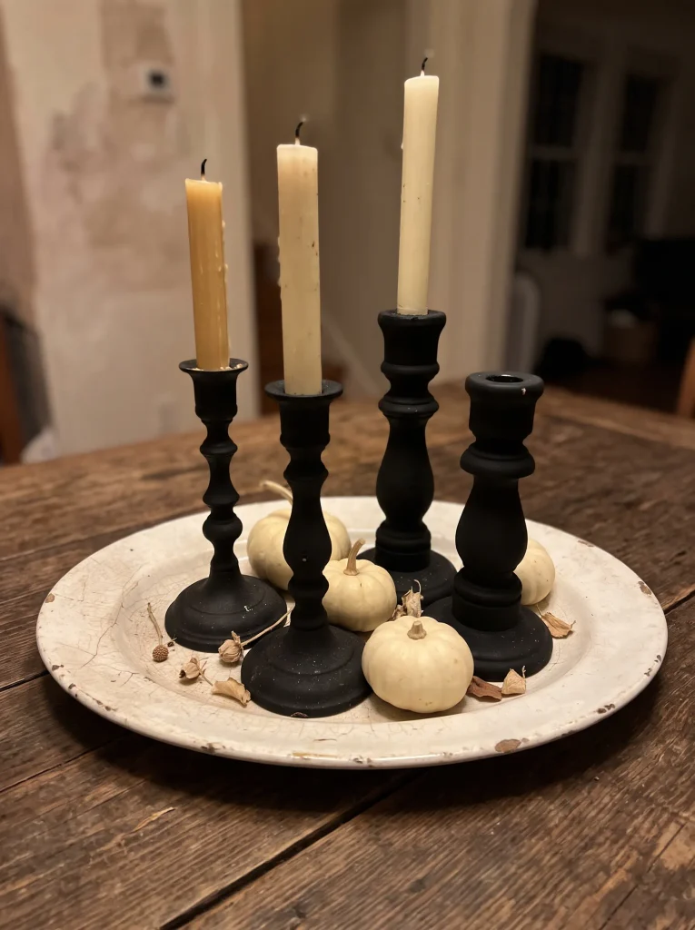 Black Matte Painted Thrifted Candlesticks on Vintage Plates