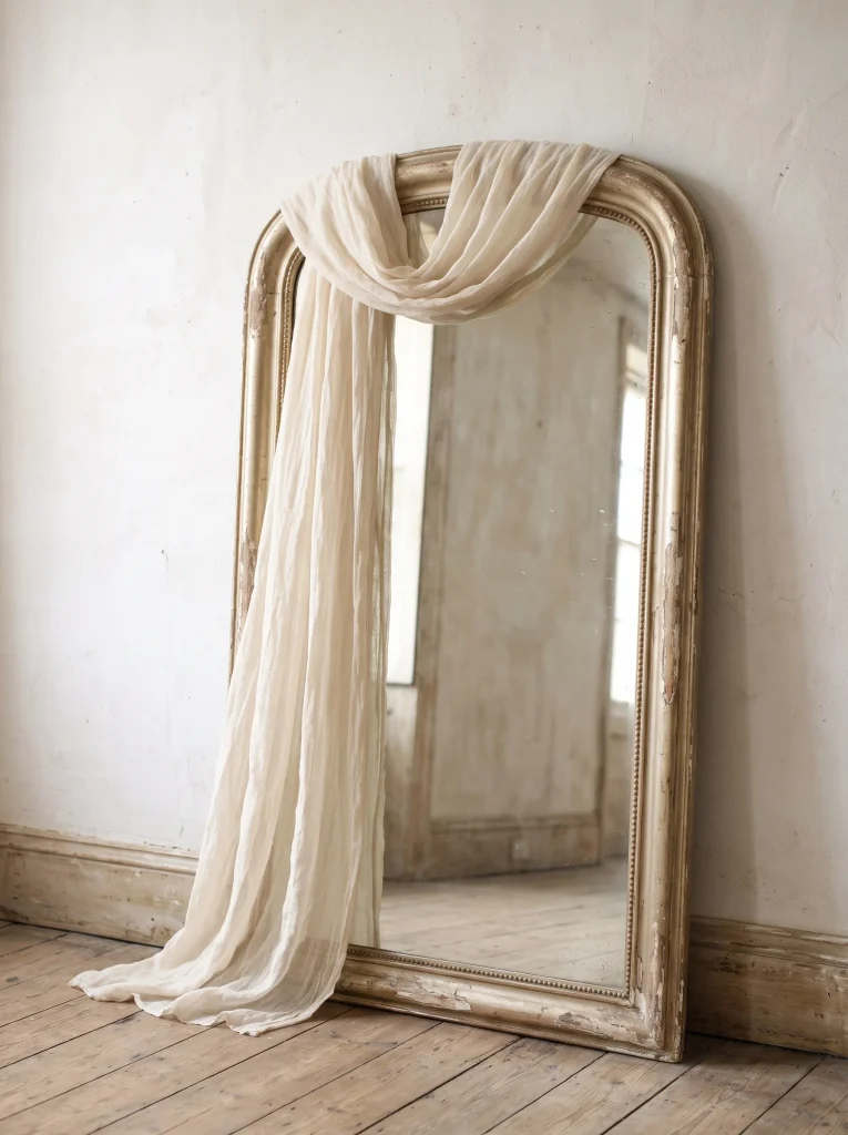 Bleached Cotton Gauze Draped Over a Vintage Gilt-Framed Mirror