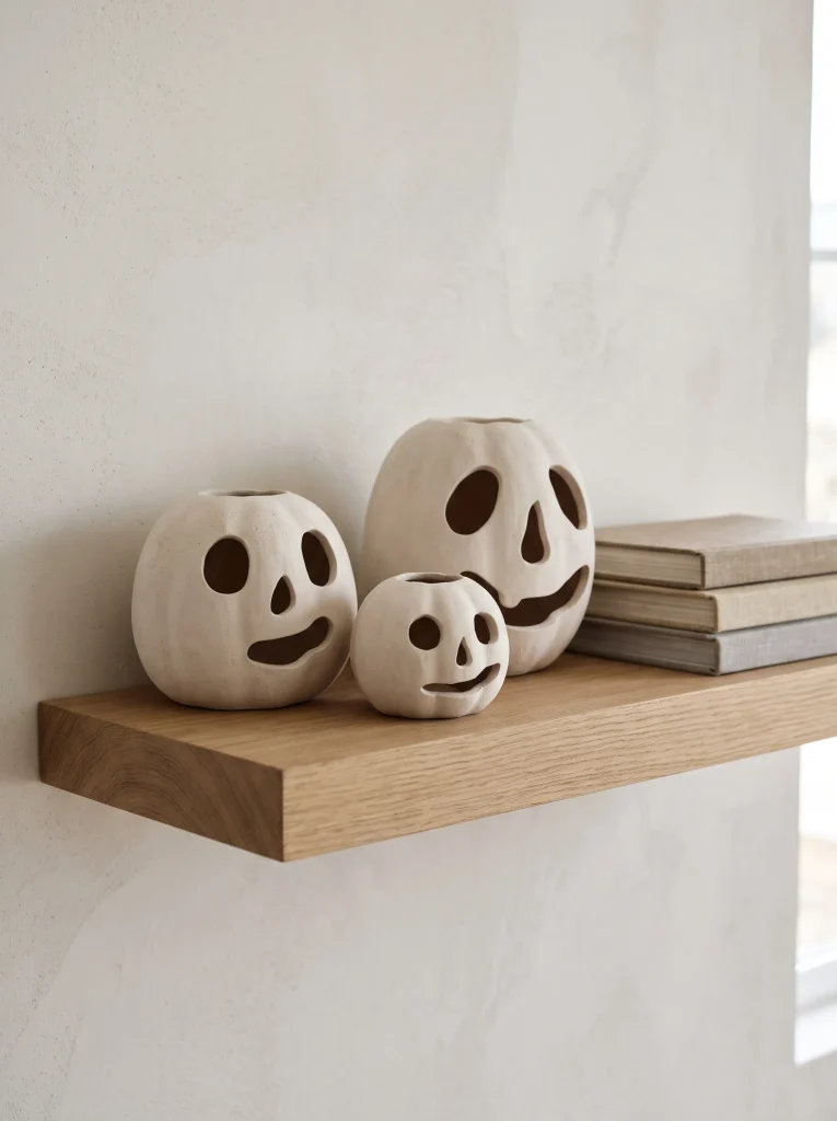 Bleached Terracotta Jack-o’-Lanterns on Open Oak Shelving