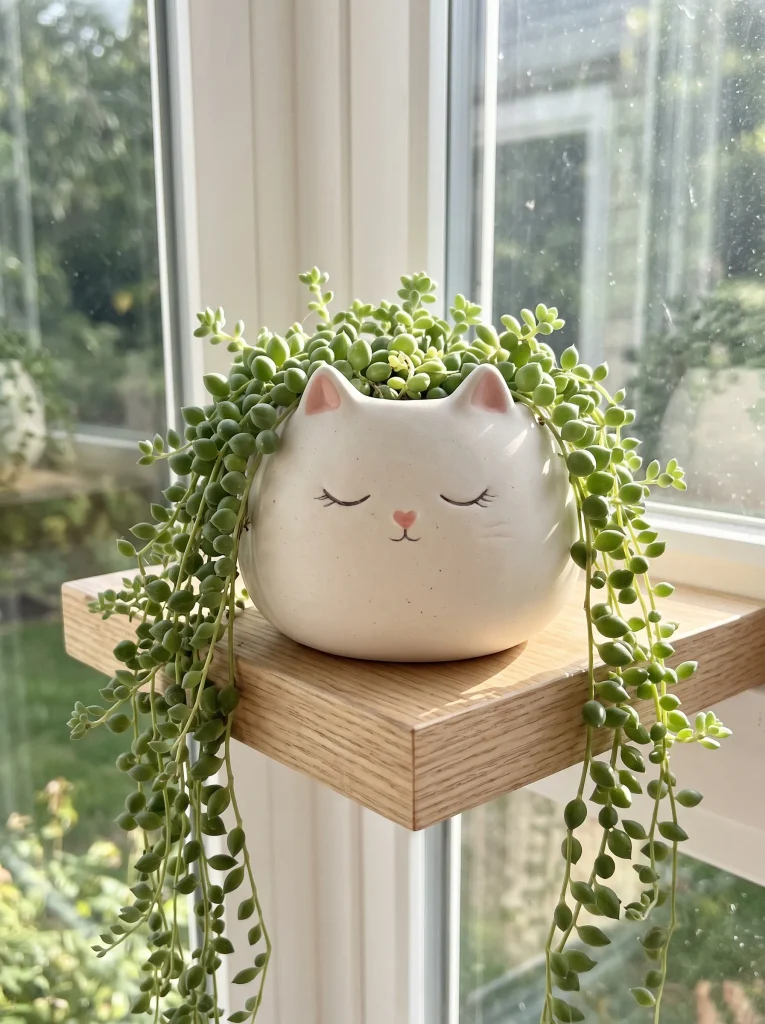 Blushing Ceramic Cat Planter with Trailing String of Pearls