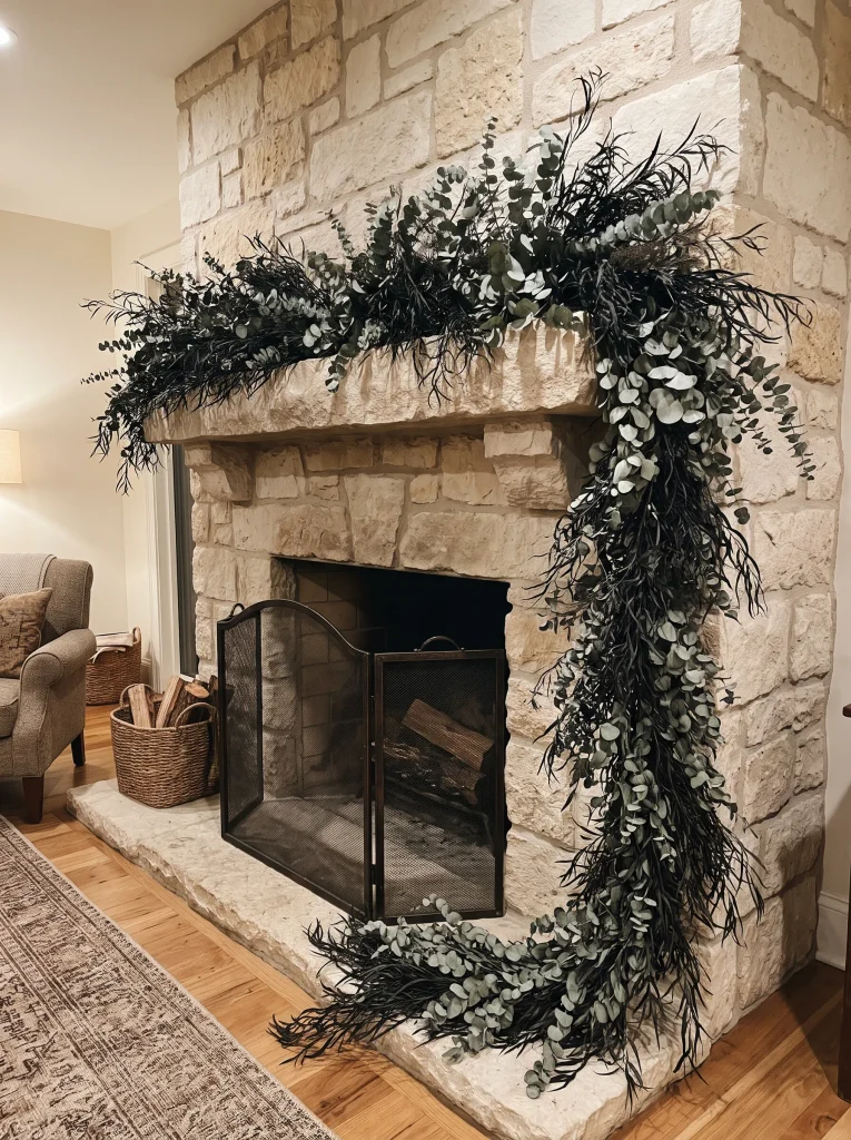 Cascading Preserved Black Willow Garland Across Stone Mantels