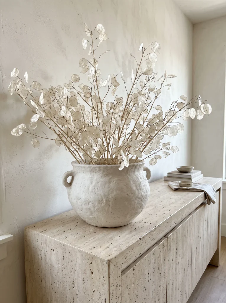 Chalk-White Stoneware Cauldron Filled with Dried Lunaria Stems