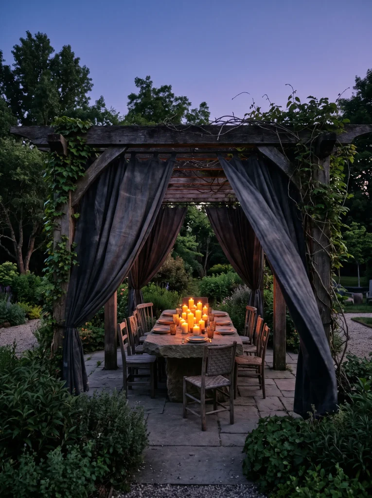 Charcoal Canvas Wall Drapes on Garden Pergola