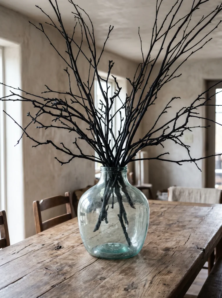 Charcoal Spray-Painted Botanical Branches in Glass Vessels