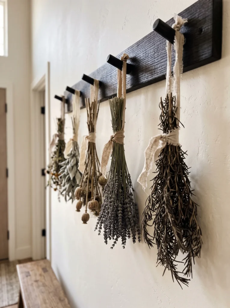 Charred Oak Coat Hooks with Hanging Foraged Herb Bundles