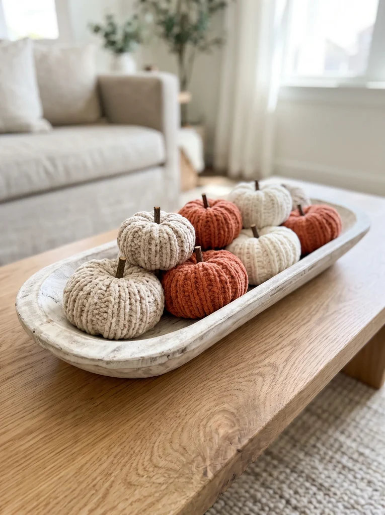 Chunky Chenille Yarn Mini Pumpkins in a Woven Dough Bowl