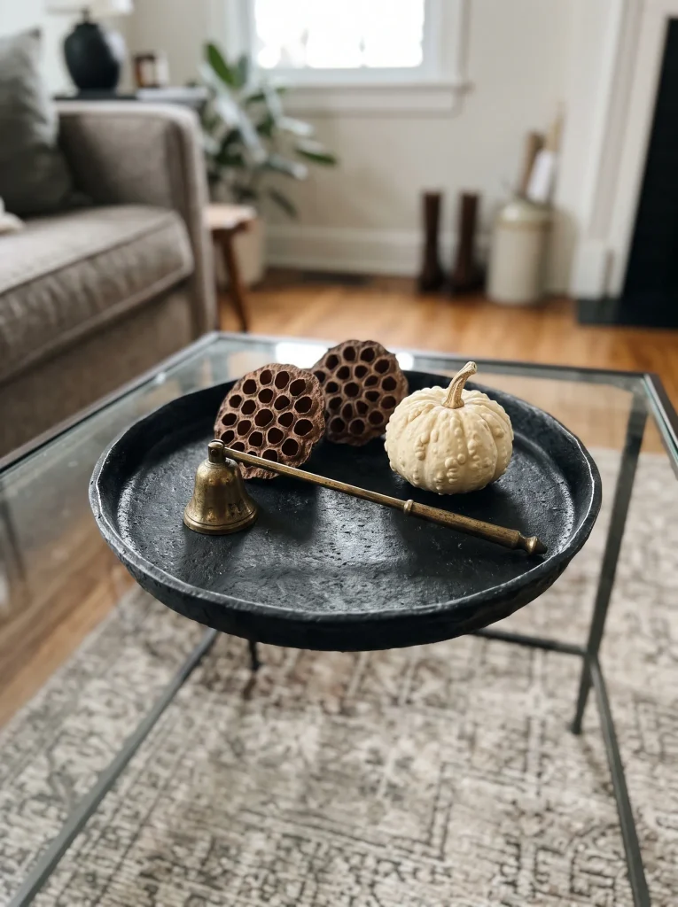 Curated Coffee Table Tray with Dried Lotus Pods and Brass Accents