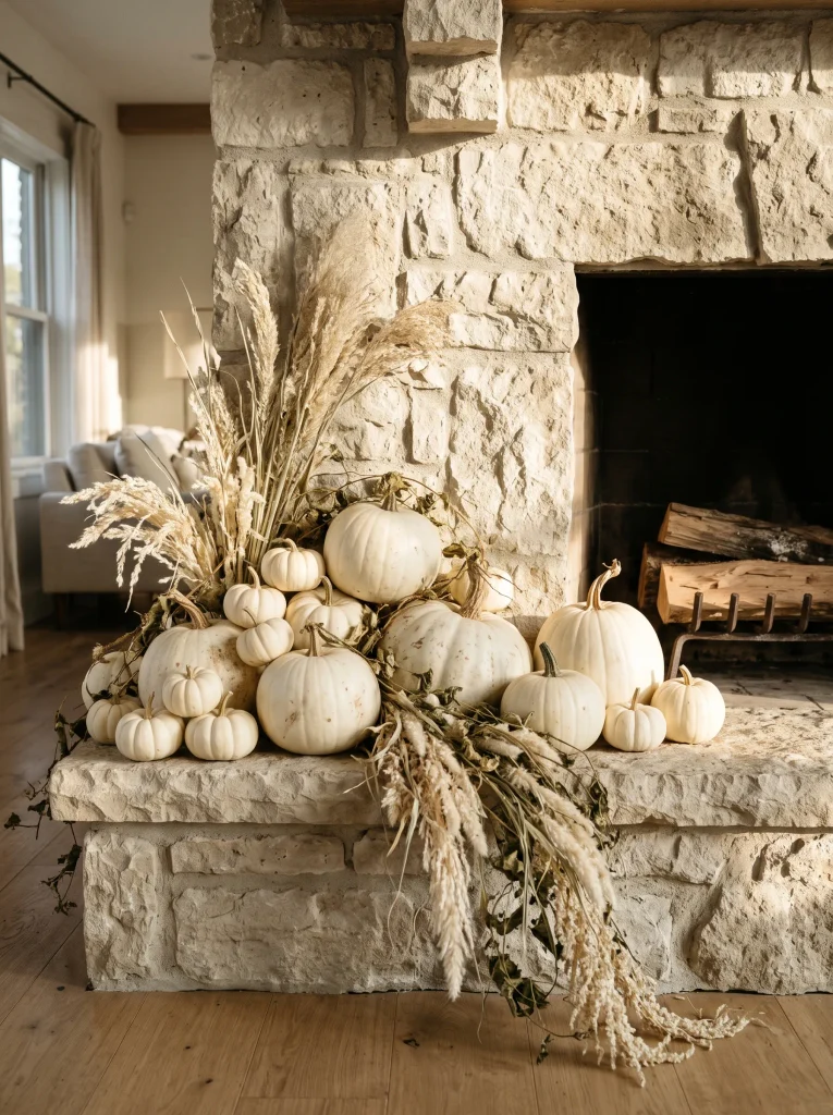 Curated Limestone Hearth with Stacked White Baby Boo Pumpkins