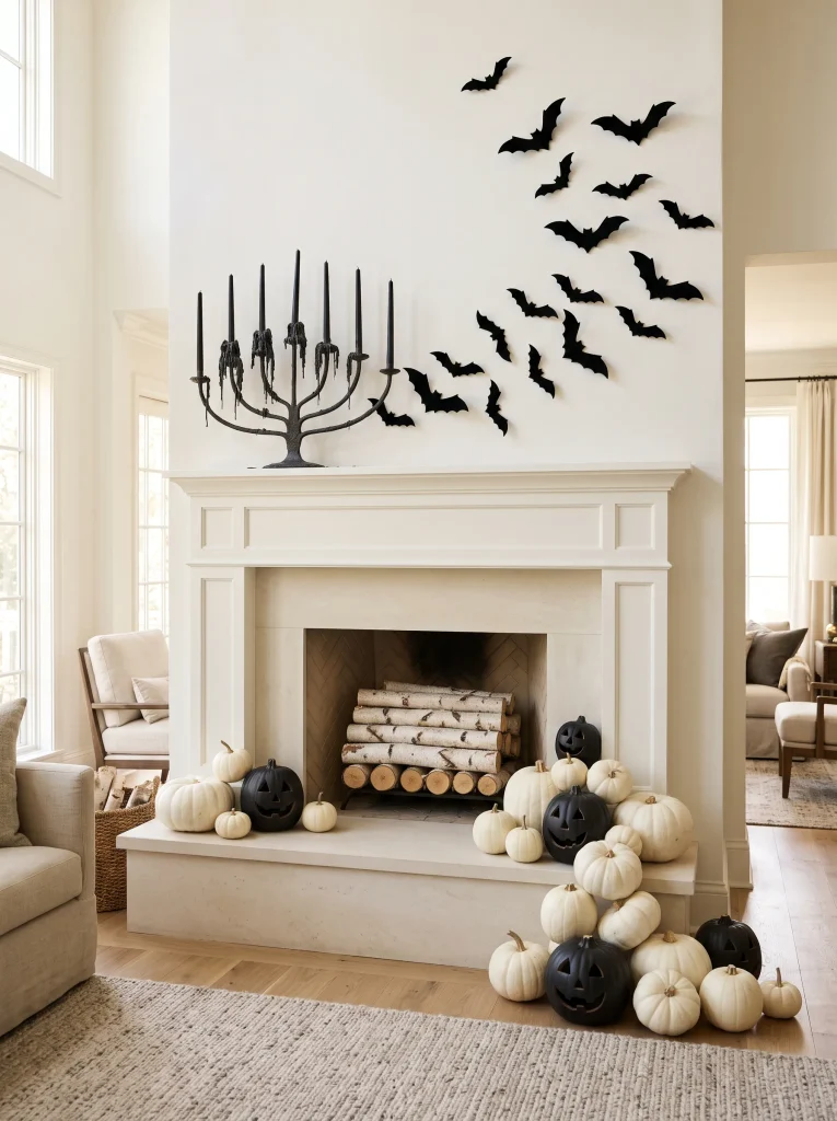 Curated Living Room Hearth Vignette for Black and White Halloween Decor