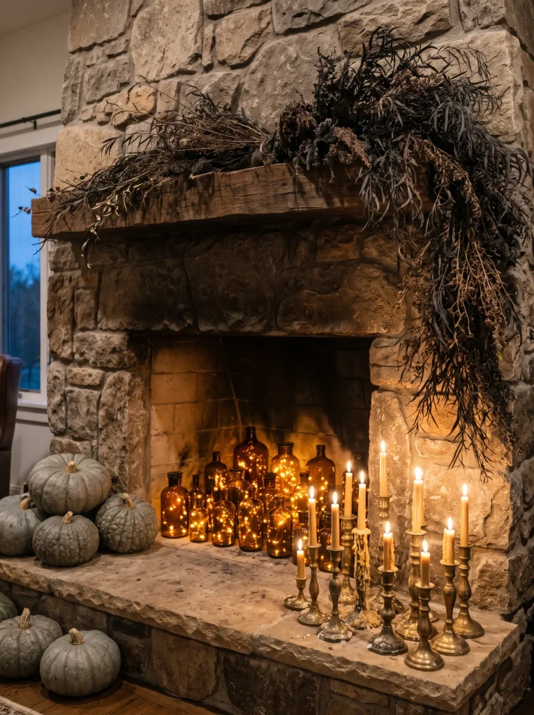 Curated Living Room Hearth Vignette for Halloween Fireplace Decor