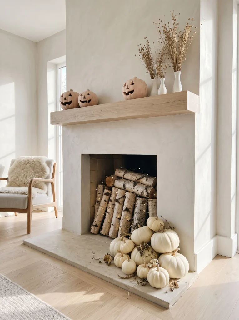 Curated Living Room Hearth Vignette for Neutral Halloween Decor