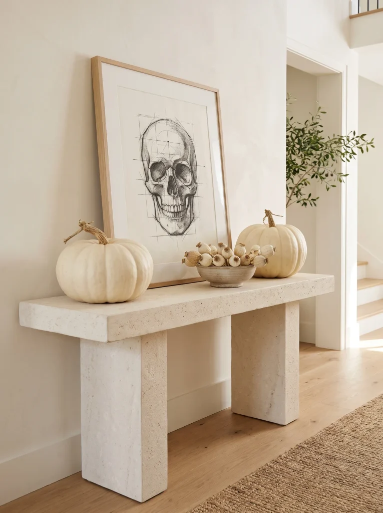 Curated Stone Console with Monochromatic Botanical Prints and Bleached Gourds