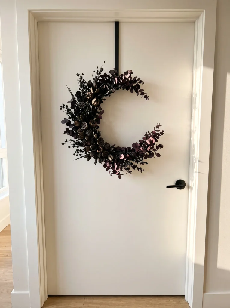 Door-Mounted Botanical Wreath Suspended by Over-Door Hardware