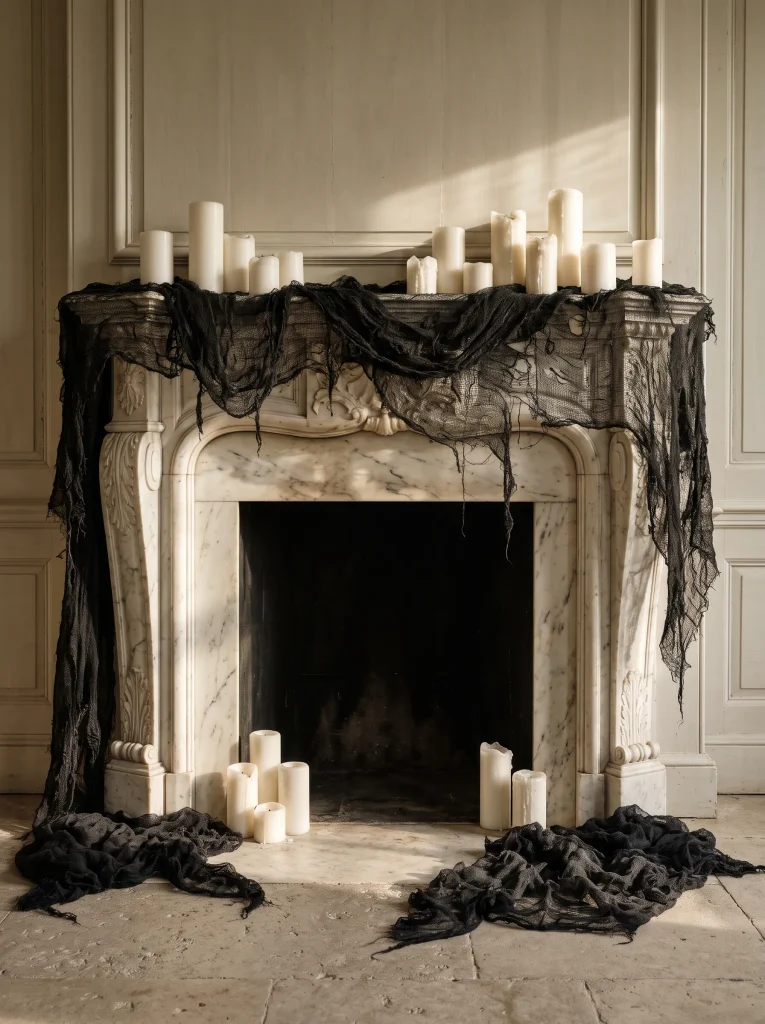 Draped Black Cotton Creep Cloth on a Grand Fireplace Mantel