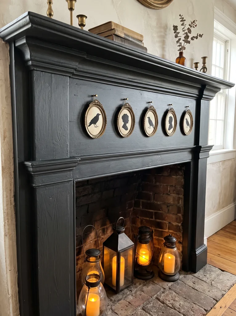 Ebonized Wood Fireplace Surround with Mounted Silhouette Cameos