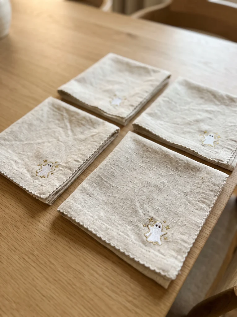 Embroidered Linen Ghost Dinner Napkins with Scalloped Edges
