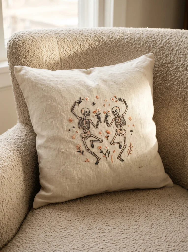 Embroidered Linen Pillow with Friendly Stitched Skeletons