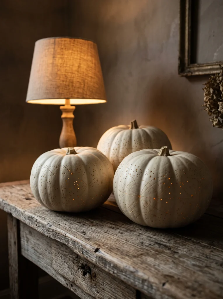 Etched Geometric Starlight Patterns on Pale Casper Gourds