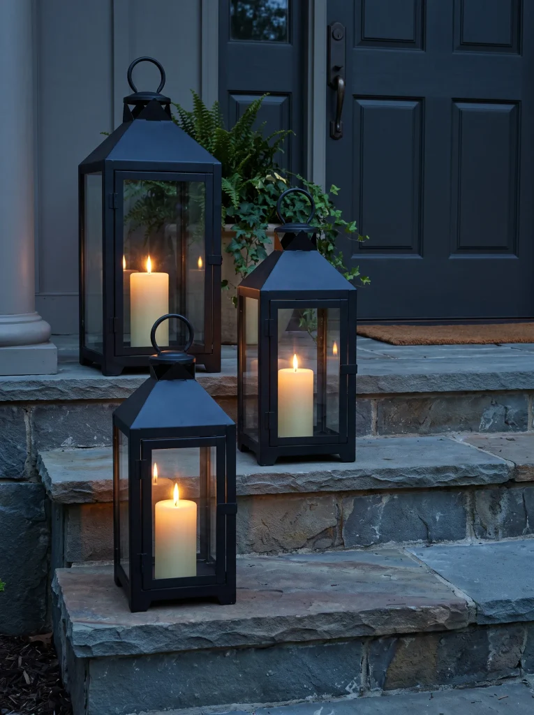 Flanking Matte Black Floor Lanterns