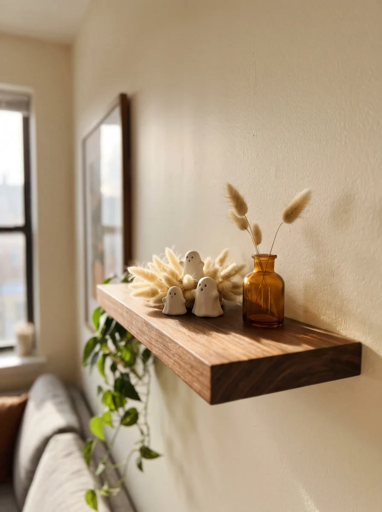 Floating Wall Shelf Display with Mini Ceramic Ghosts and Dried Florals
