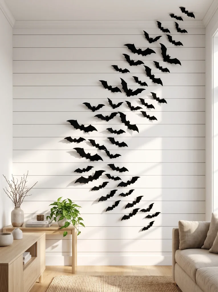 Flocked Velvet Ebony Bats Ascending a White Shiplap Wall