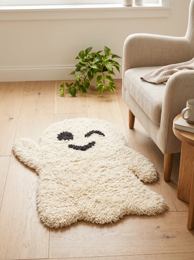 Fluffy Tufted Ghost Accent Rug on Warm Hardwood