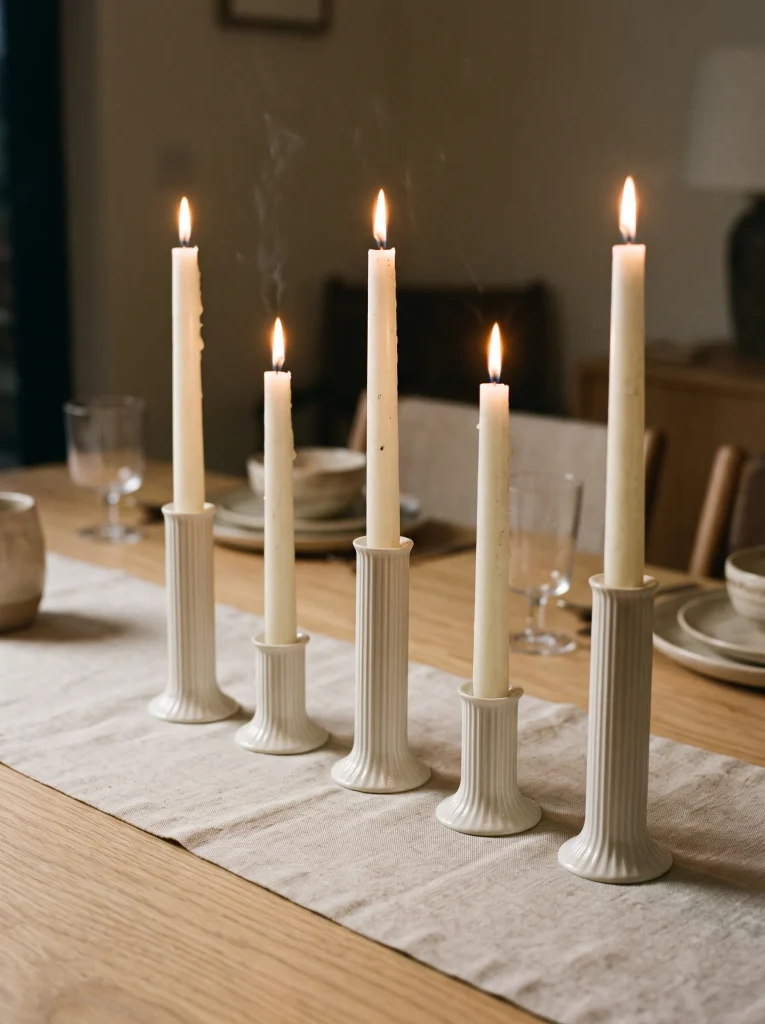 Fluted Bone-China Taper Candlesticks with Raw Beeswax Columns