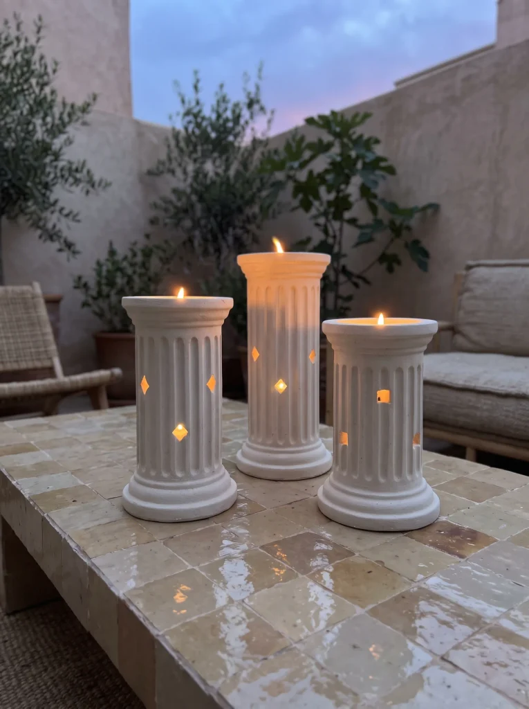 Fluted Cast-Plaster Jack-o’-Lanterns on a Tiled Coffee Table