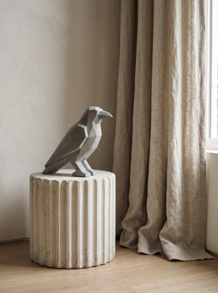 Fluted Cast-Stone Raven Perched on an Architectural Pedestal