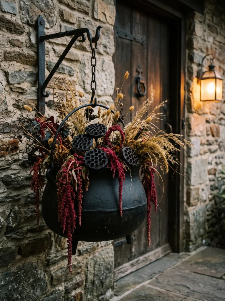Forged Iron Hanging Cauldron with Dried Botanicals
