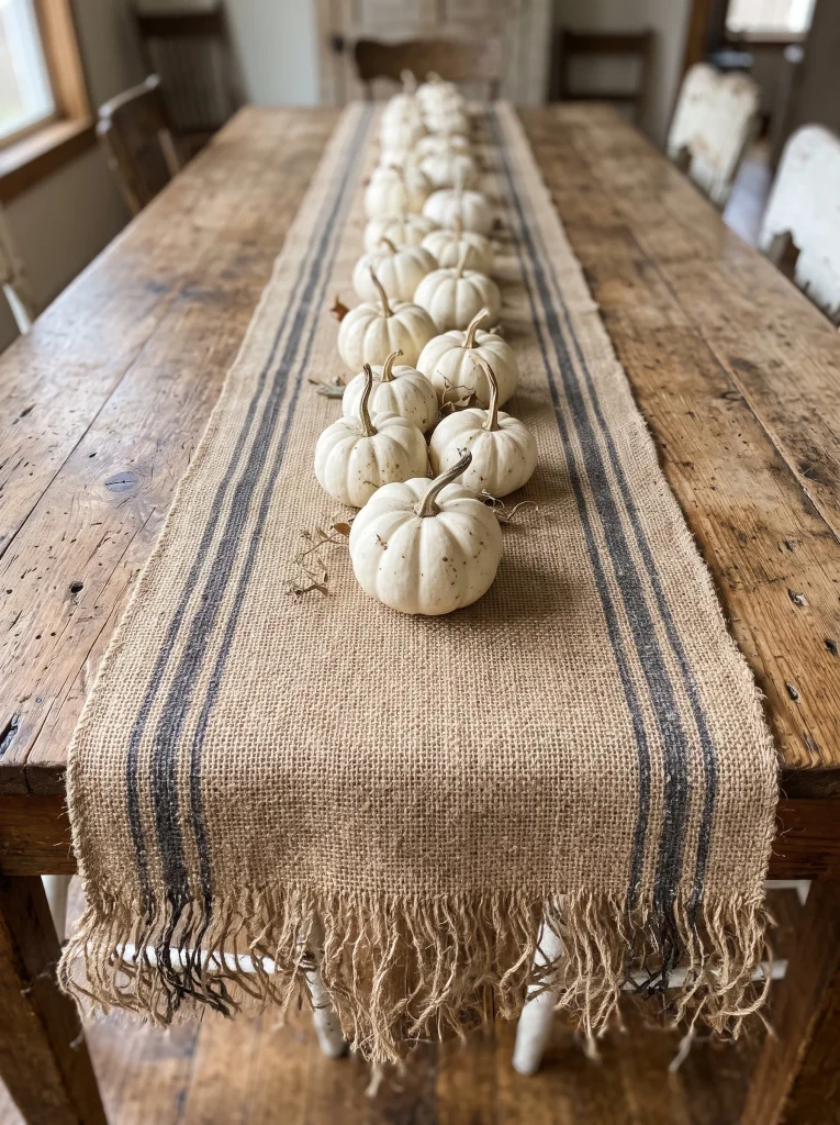 Frayed Natural Burlap Runner with Charcoal Painted Striping