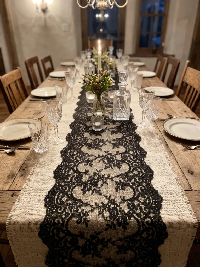 Gothic Black Lace Table Runner Over Natural Bleached Burlap