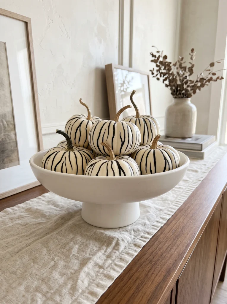 Graphic Zebra-Striped Baby Boo Pumpkin Vignette