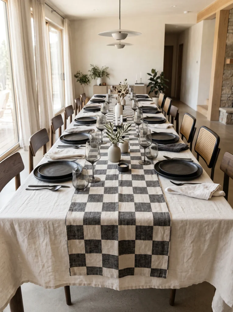 High-Contrast Checkerboard Runner on a Linen Dining Table