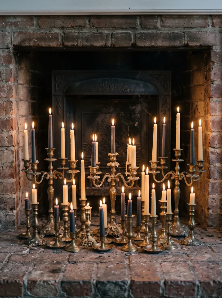 Layered Antique Brass Candelabra Hearth Installation
