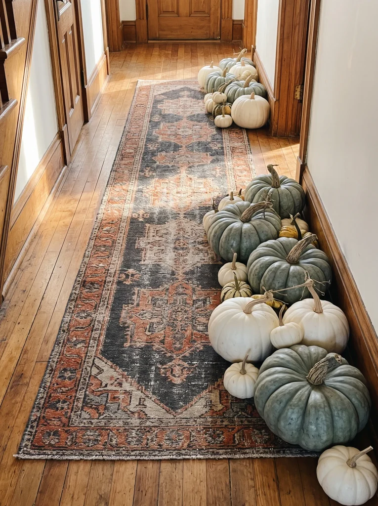 Layered Antique Rug Runner with Heirloom Pumpkin Clusters