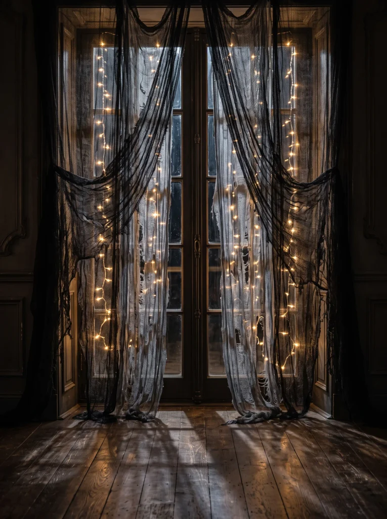 Lit Cheesecloth Window Panels