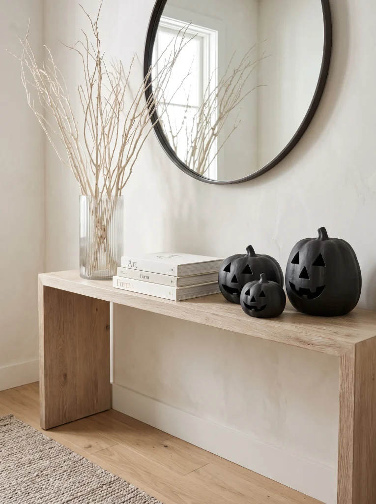 Matte Black Stoneware Jack-o’-Lanterns on a White Oak Console