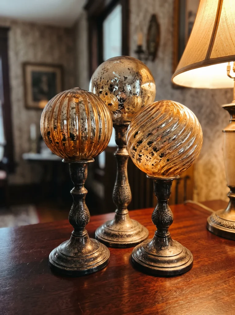 Mercury Glass Witch Balls on Tarnished Silver Stands