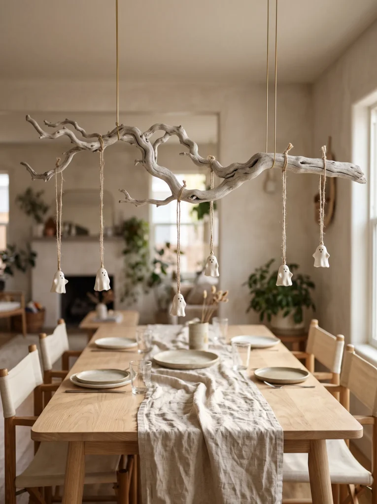 Minimalist Bleached Branch Chandelier with Hanging Ceramic Ghosts